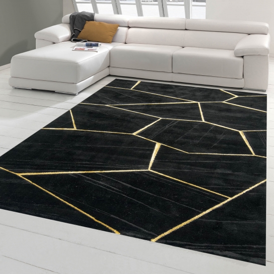 Teppich modern Wohnzimmerteppich geometrisches Muster in schwarz gold
