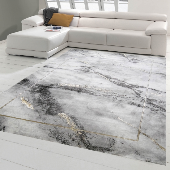 Teppich modern Wohnzimmer Teppich Marmor Optik in grau gold