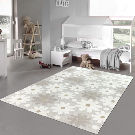 Niedlicher Kinderteppich mit Höheneffekt im Blumenmuster in creme beige