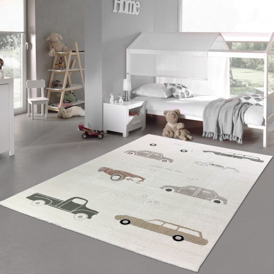 Kinderzimmerteppich mit Hoch-Tief-Effekt und Automuster in creme beige