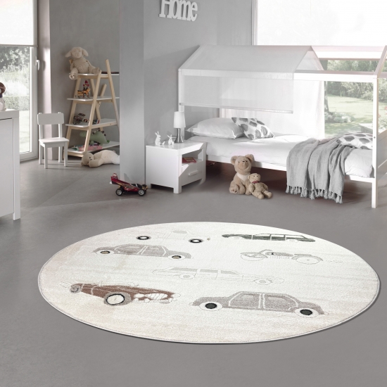Preview: Kinderzimmerteppich mit Hoch-Tief-Effekt und Automuster in creme beige