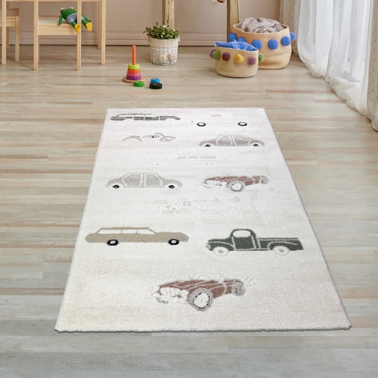 Preview: Kinderzimmerteppich mit Hoch-Tief-Effekt und Automuster in creme beige
