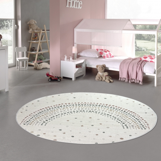 Preview: Kinderzimmerteppich 3D-Effekt Regenbogen aus Punkten in creme bunt