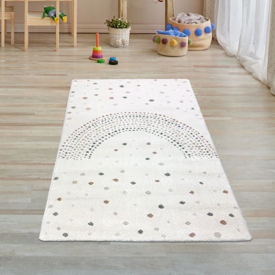 Preview: Kinderzimmerteppich 3D-Effekt Regenbogen aus Punkten in creme bunt