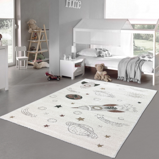 Kinderzimmerteppich Raumschiffen Planeten Sterne in creme grau beige