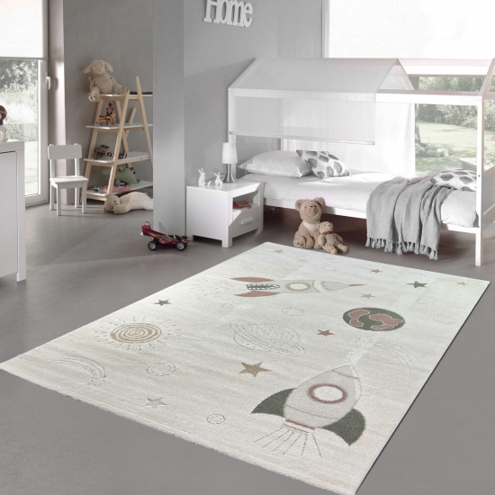 Kinderzimmerteppich Raumschiffen Planeten Sterne in creme grau beige