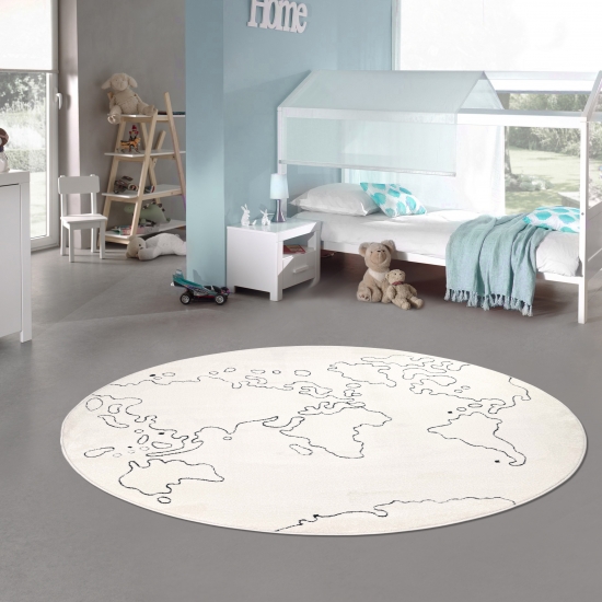Kinderzimmerteppich 3D-Effekt Weltkarte als Muster in creme