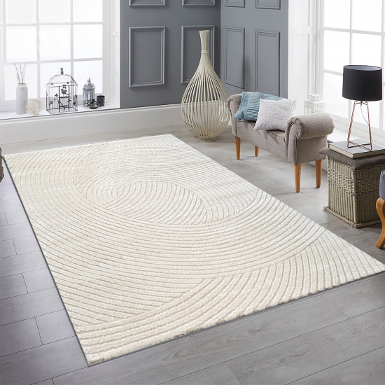 Hochflor Teppich mit Hoch-Tief-Effekt Modern & Pflegeleicht im Wellenmuster in creme