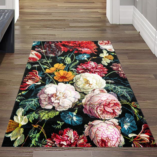Teppich Blumen Wohnzimmer Teppich Blumenstrauß in schwarz creme rot