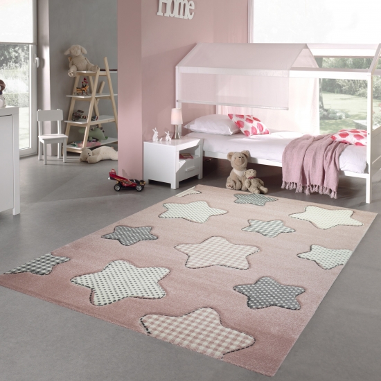Kinderteppich Sterne Kinderzimmerteppich Mädchen in rosa creme grau