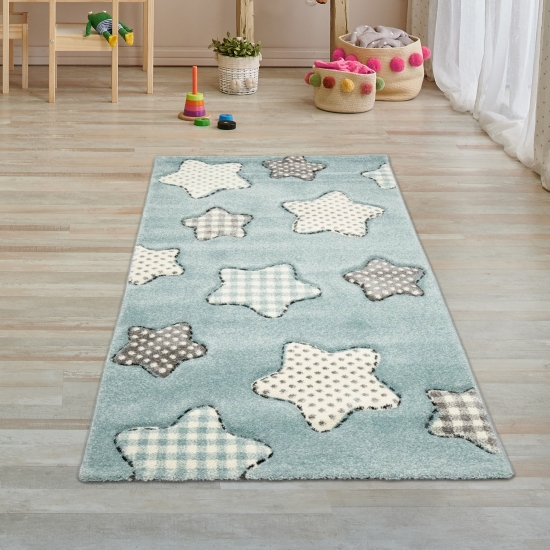 Kinderteppich Sterne Kinderzimmerteppich Junge in blau creme grau