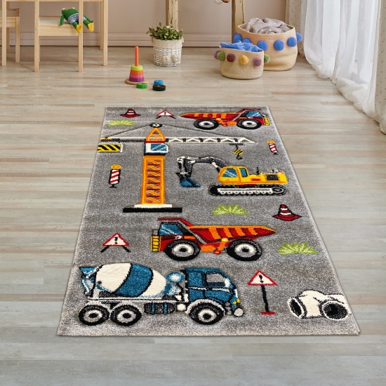 Kinderteppich Spielteppich Baustelle Teppich mit Bagger in grau