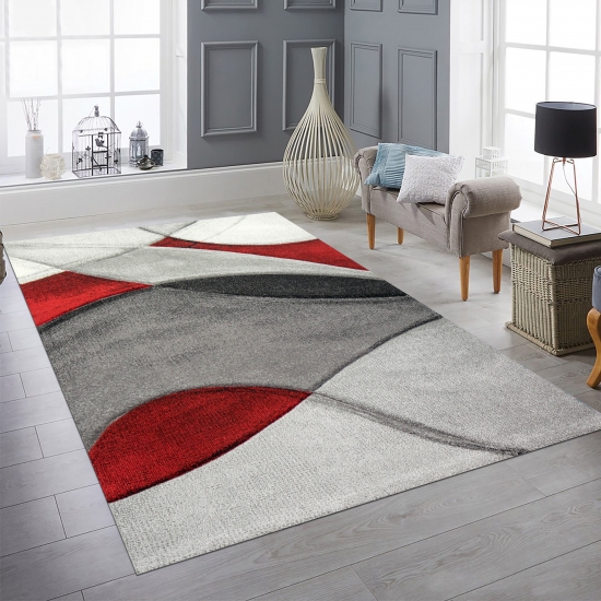 Teppich modern Teppich Wohnzimmer abstrakt in rot grau schwarz