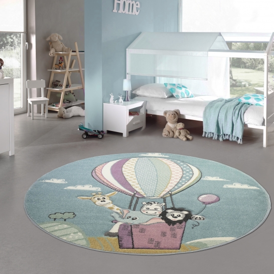 Kinderteppich Spielteppich Teppich Heißluftballon Tiere in pastell blau