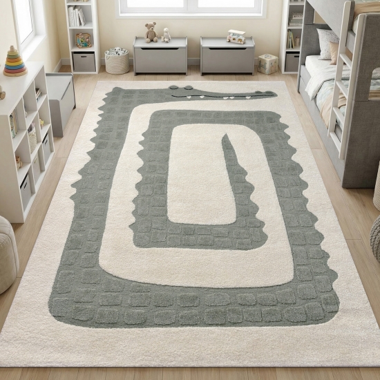 Kinderteppich Krokodil Design Creme Grün Hoch-Tief Effekt weich