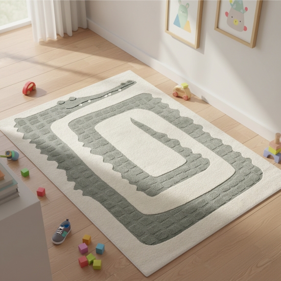 Preview: Kinderteppich Krokodil Design Creme Grün Hoch-Tief Effekt weich