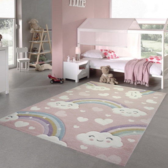 Kinderteppich Kinderzimmerteppich Regenbogen mit Wolken und Herzen in rosa
