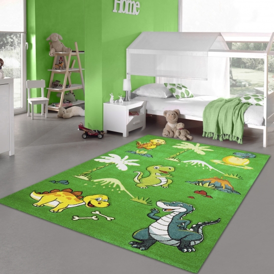 Kinderteppich Dinosaurier Kinderzimmerteppich Dschungel Vulkan in grün