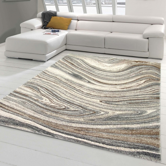 Moderner Designerteppich Wohnzimmer • flüssiger Marmor beige grau