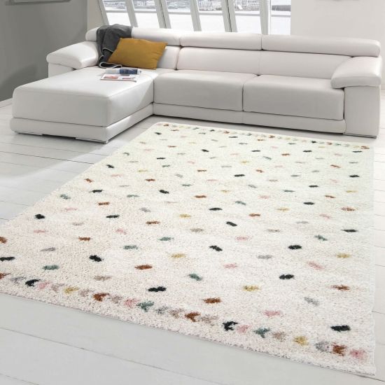 Moderner Teppich mit Farbtupfern & Bordüre | pflegeleicht | Pastellfarben creme