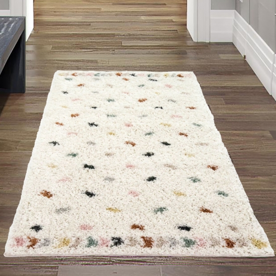 Moderner Teppich mit Farbtupfern & Bordüre | pflegeleicht | Pastellfarben creme