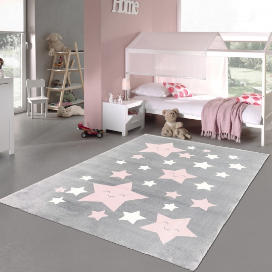 Kinderzimmer-Teppich weich rosa-weißen Sternen in anthrazit