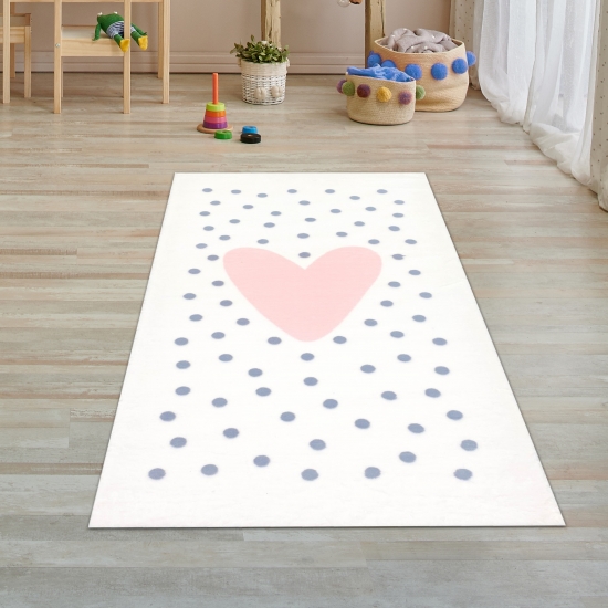 Preview: Kinderzimmer Teppich flauschig rosa Herz graue Punkte in creme Preview: Kinderzimmer Teppich flauschig rosa Herz graue Punkte in creme