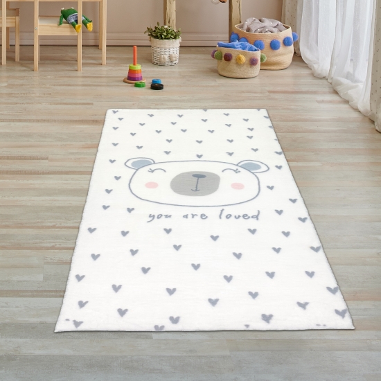 Preview: Kinderzimmer-Teppich weich Herzchen und ein niedlicher Bär - creme Preview: Kinderzimmer-Teppich weich Herzchen und ein niedlicher Bär - creme