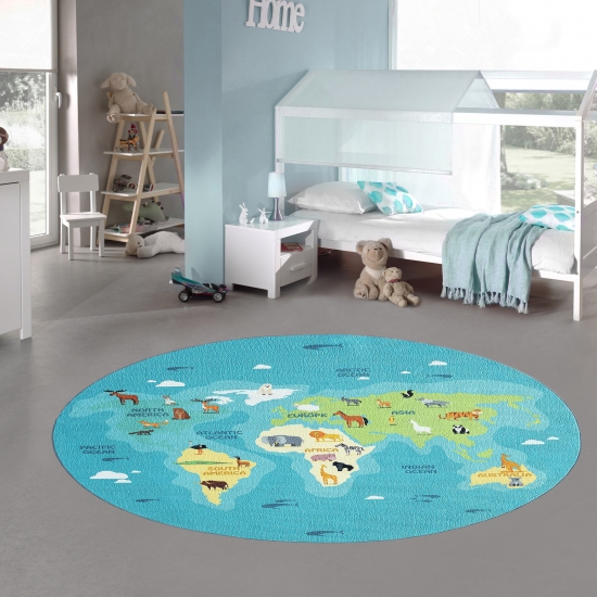 Kinderzimmer Weltkarten-Lernteppich Tiere & Meere in blau