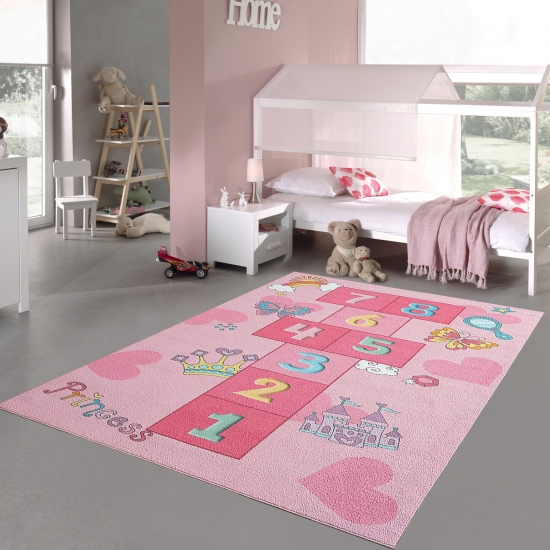 Prinzessinnen Hüpfspiel Kinder Spielteppich mit Herzen in pink