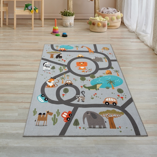 Kinderteppich Safari rutschfest waschbar grau Spielteppich Straßenteppich