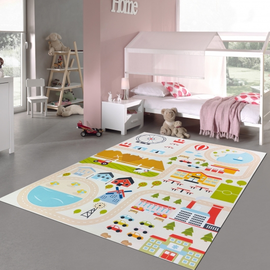 Kinderzimmerteppich rutschsicher mit Städtemuster in Beige
