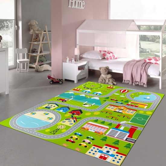 Spielerischer Kinderzimmerteppich mit Städtemuster in Grün