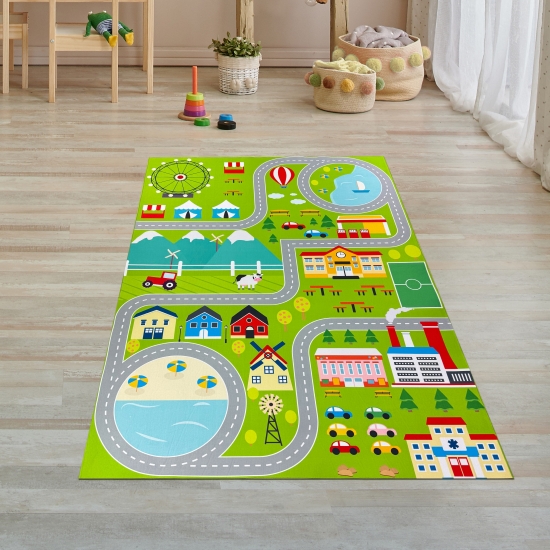 Kinderzimmer Weltkarten-Lernteppich Tiere & Meere in blau