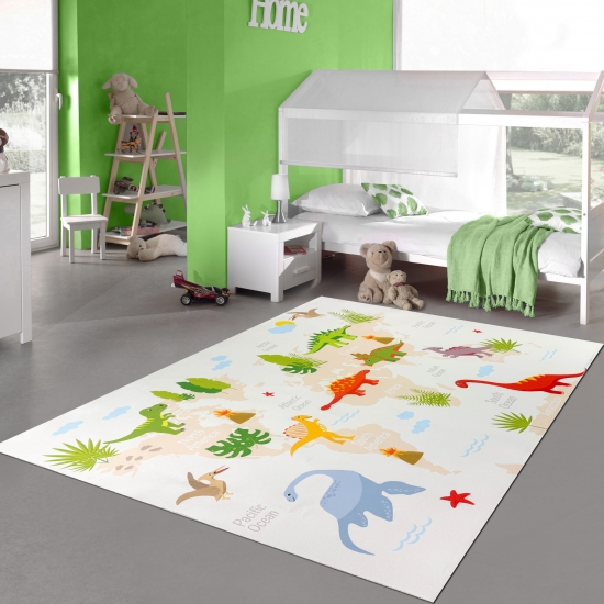 Rutschfester Kinderzimmerteppich mit Dinomuster in Beige