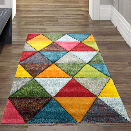 Preview: Moderner Teppich Wohnzimmer abstraktes Design buntes Dreieckmuster rot grün orange - pflegeleicht Preview: Moderner Teppich Wohnzimmer abstraktes Design buntes Dreieckmuster rot grün orange - pflegeleicht