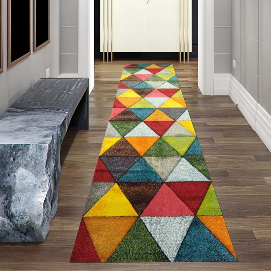 Preview: Moderner Teppich Wohnzimmer abstraktes Design buntes Dreieckmuster rot grün orange - pflegeleicht Preview: Moderner Teppich Wohnzimmer abstraktes Design buntes Dreieckmuster rot grün orange - pflegeleicht