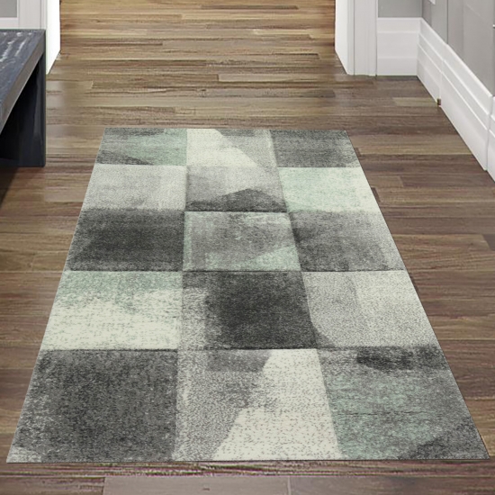 Preview: Wohnzimmer Teppich mit abstraktem Karomuster in grau grün anthrazit Preview: Wohnzimmer Teppich mit abstraktem Karomuster in grau grün anthrazit