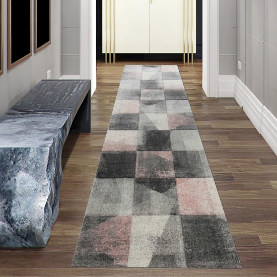 Preview: Wohnzimmer Teppich mit abstraktem Karomuster in grau rosa creme Preview: Wohnzimmer Teppich mit abstraktem Karomuster in grau rosa creme