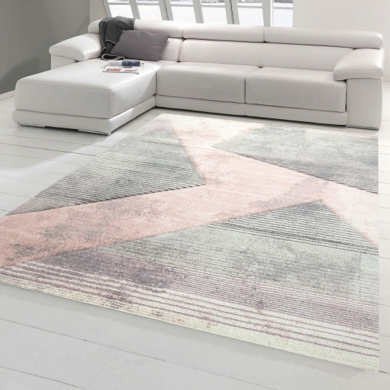 Moderner Teppich Wohnzimmer abstraktes Muster gestreift grau rosa grün - pflegeleicht
