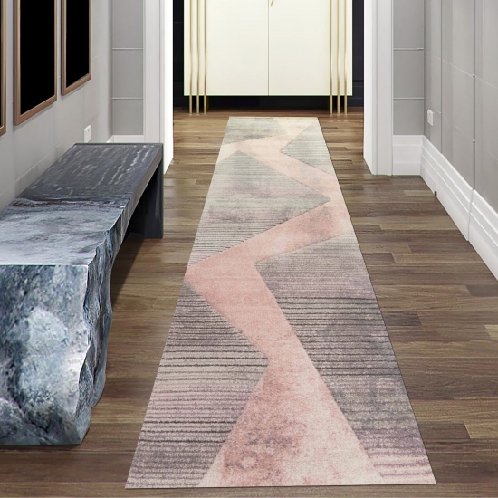 Moderner Teppich Wohnzimmer abstraktes Muster gestreift grau rosa grün - pflegeleicht