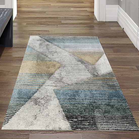 Preview: Moderner Teppich Wohnzimmer abstraktes Muster gestreift mehrfarbig grau blau gold - pflegeleicht Preview: Moderner Teppich Wohnzimmer abstraktes Muster gestreift mehrfarbig grau blau gold - pflegeleicht