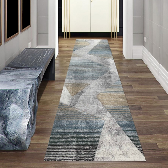 Moderner Teppich Wohnzimmer abstraktes Muster gestreift mehrfarbig grau blau gold - pflegeleicht