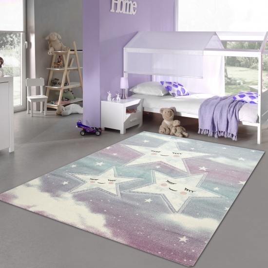 Kinderzimmer Teppich Spielteppich Himmel Wolken Sterne Design blau creme