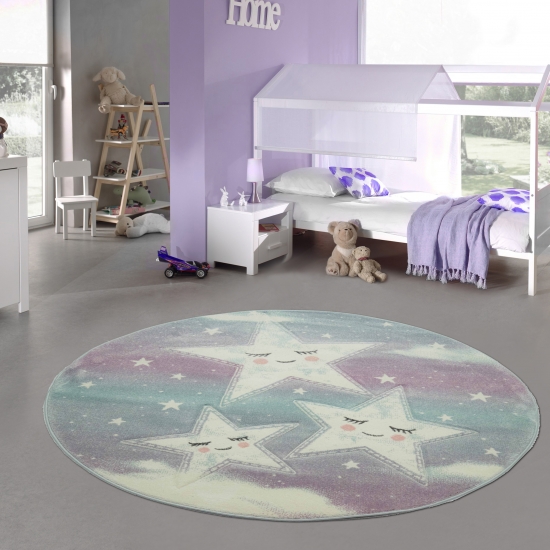 Kinderzimmer Teppich Spielteppich Himmel Wolken Sterne Design blau creme