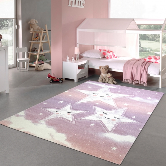 Kinderzimmer Teppich Spielteppich Himmel Wolken Sterne Design rosa creme