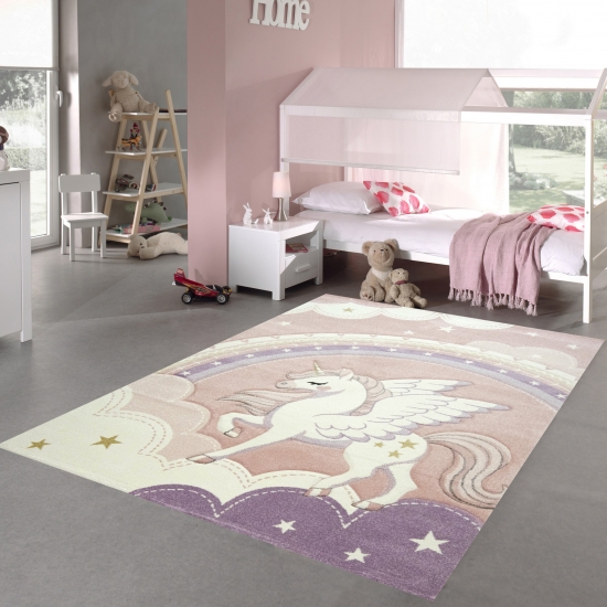 Kinderzimmer Spielteppich • Einhorn unterm Regenbogen in creme rosa