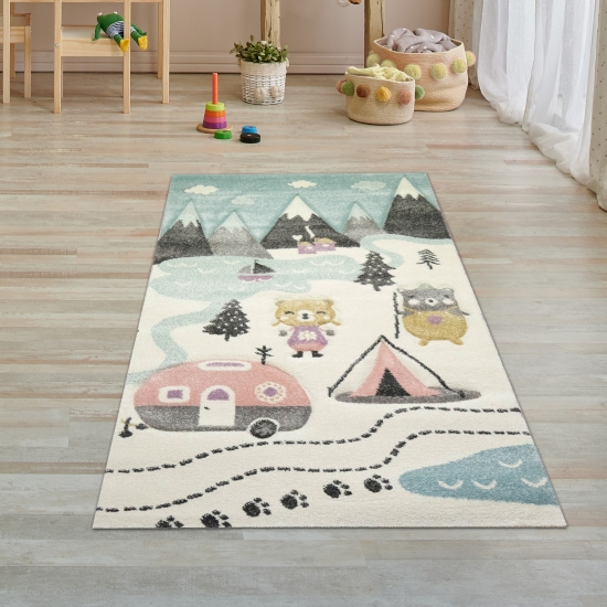 Kinderzimmer Teppich • Bären auf dem Campingplatz • creme blau