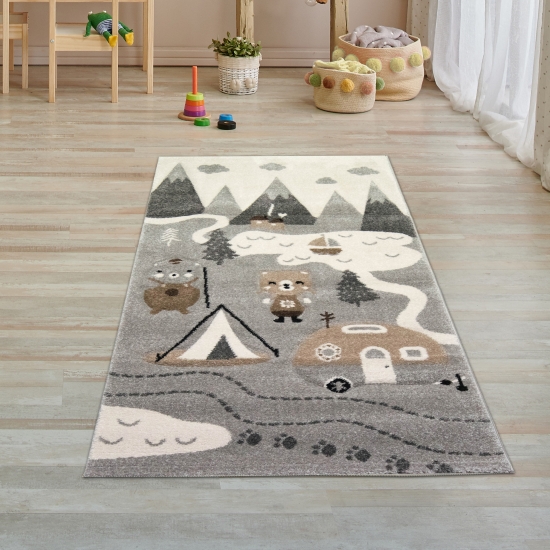 Kinderzimmer Teppich • Bären auf dem Campingplatz • creme braun