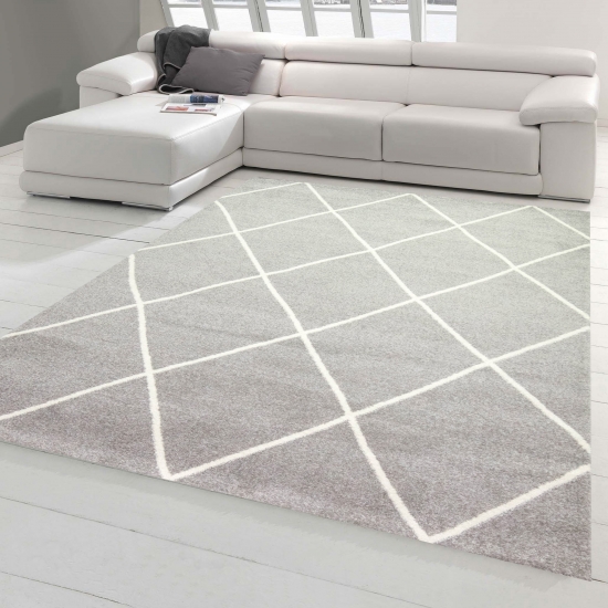 Teppich Skandinavischer Stil Wohnzimmer Rautenmuster - pflegeleicht - grau creme weiß